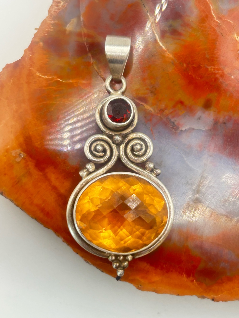 Vintage Sterling Silver Gemstone Pendant, large orange citrine and garnet